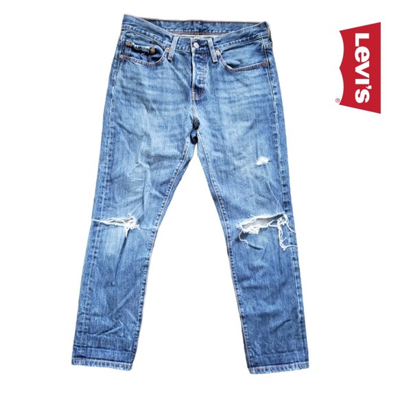 Levi's Denim - Levi's 501T button fly tapered leg 28 x 28 women's medium blue jeans, distressed